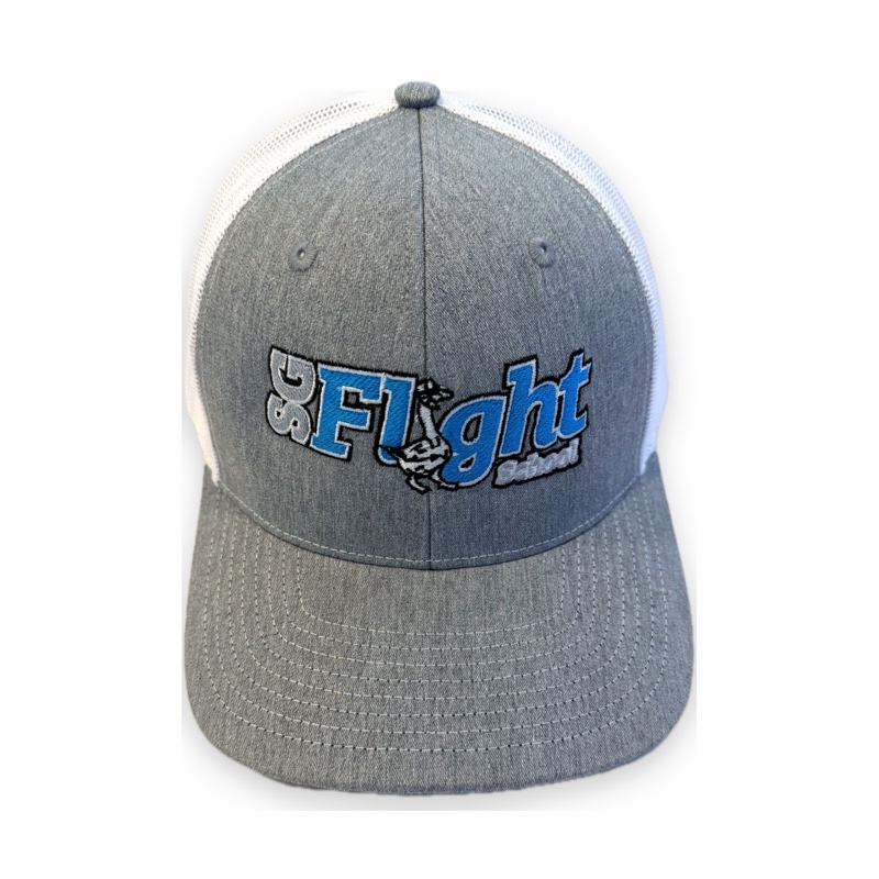 A grey heather trucker cap with the SG Flight School goose logo