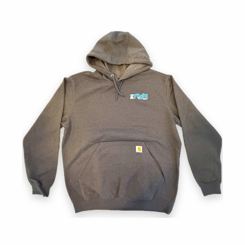A charcoal Carhartt hooded sweatshirt with the SG Flight School logo