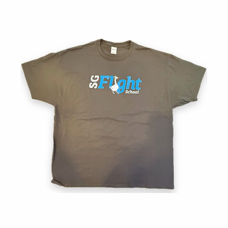 A charcoal T-shirt with the SG Flight School goose logo across the chest